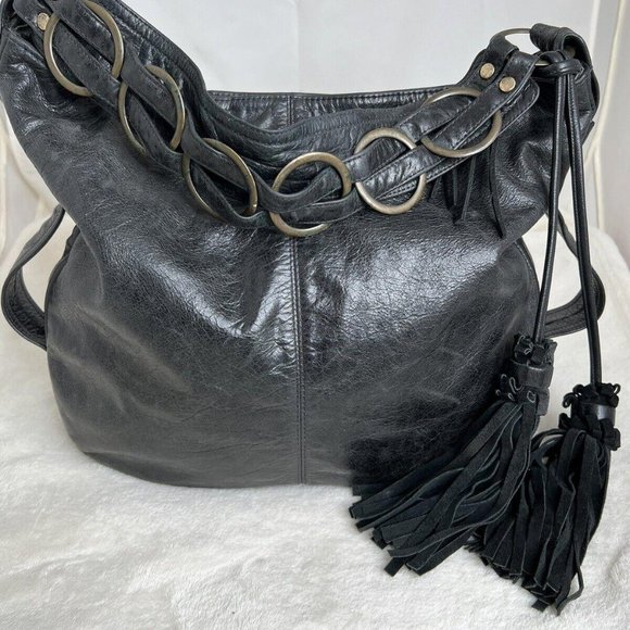 Malaika Black Leather Tassel Shoulder Bag - Picture 1 of 6